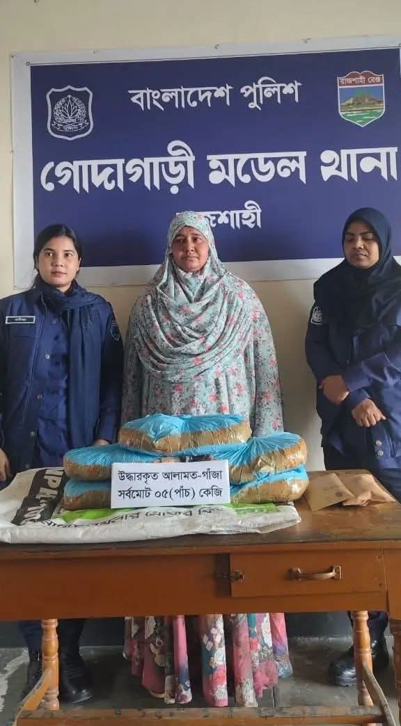 গোদাগাড়ীতে ৫ কেজি গাঁজাসহ এক নারীকে গ্রেফতার করেছে পুলিশ।