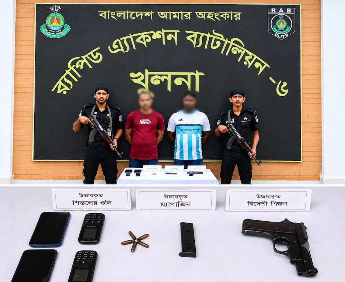 খুলনায় র‍্যাব-৬ এর অভিযানে বিদেশি পিস্তল ও গুলিসহ দুইজন অস্ত্রধারী সন্ত্রাসী গ্রেফতার