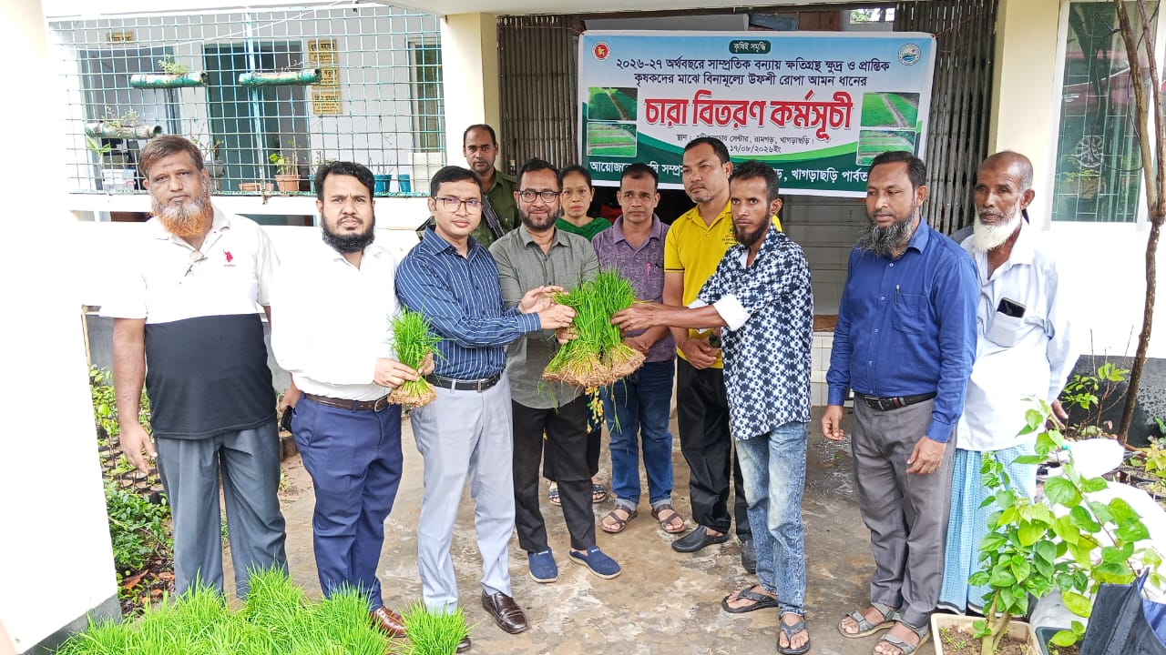 রামগড়ে বন্যায় ক্ষতিগ্রস্ত কৃষকদের মাঝে বিনামূল্যে আমন ধানের চারা বিতরণ