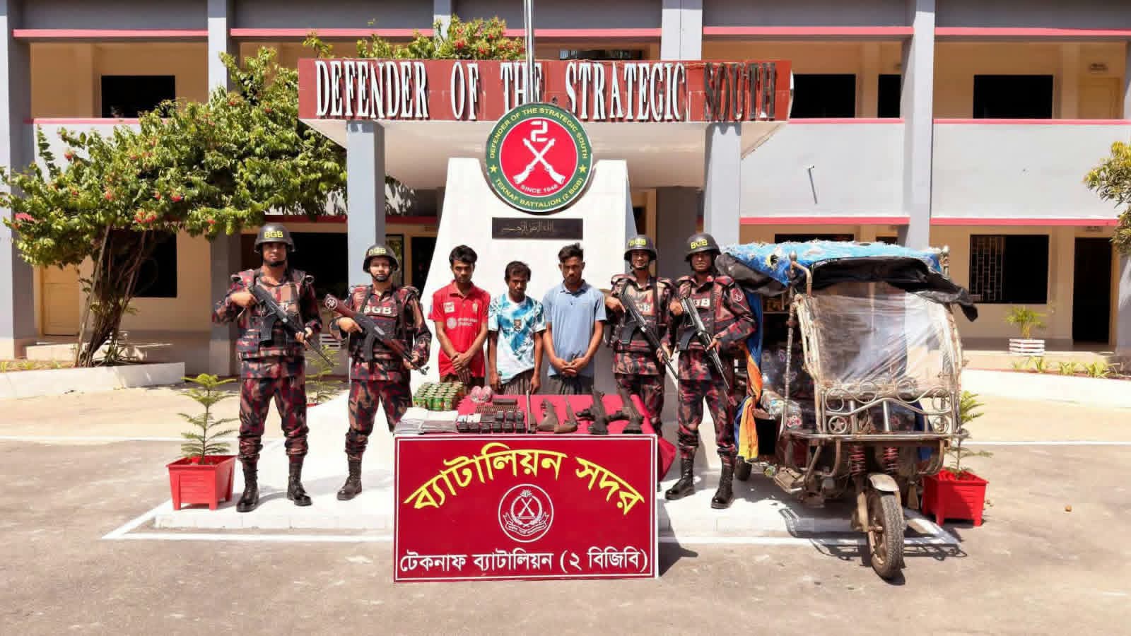 টেকনাফে বিশেষ অভিযান চালিয়ে অস্ত্র, গোলাবারুদ, বিস্ফোরক দ্রব্য ও বিভিন্ন সরঞ্জামসহ তিন রোহিঙ্গা গ্রেফতার