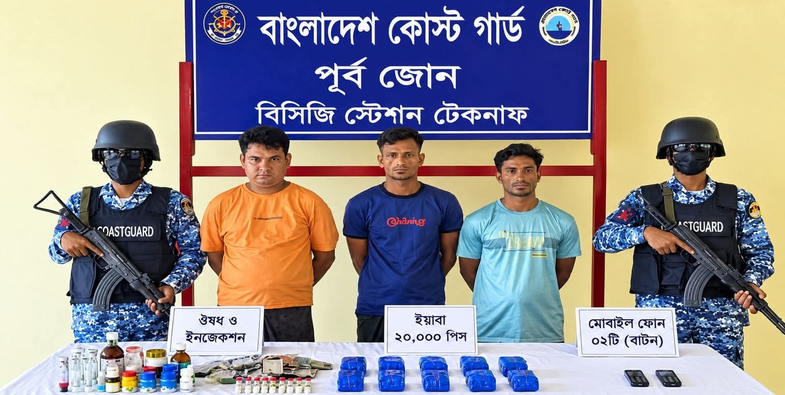 টেকনাফে কোস্ট গার্ডের অভিযান: ২০ হাজার ইয়াবাসহ আটক ৩, দুইজন মিয়ানমারের নাগরিক