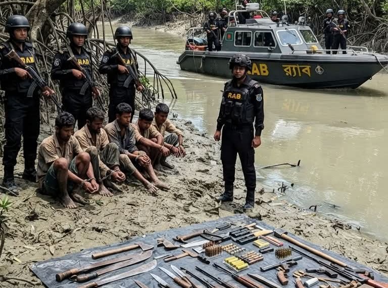 সুন্দরবনে দুর্ধর্ষ ‘হাত কাটা রফিক’ ডাকাত দলের ৬ সদস্য গ্রেফতার: আগ্নেয়াস্ত্র ও দেশীয় অস্ত্র উদ্ধার